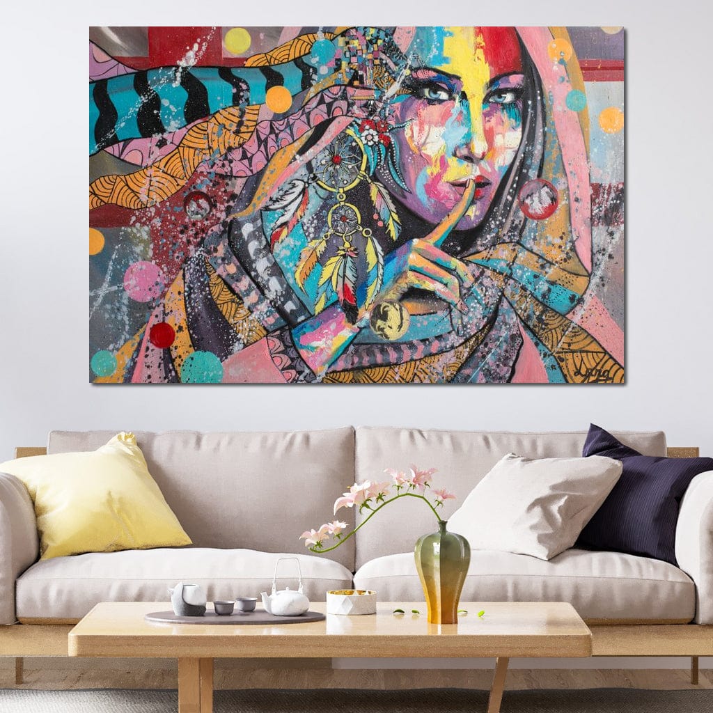 Tablou canvas decorativ cu tablou canvas cu chip de femeie si simboluri tribale